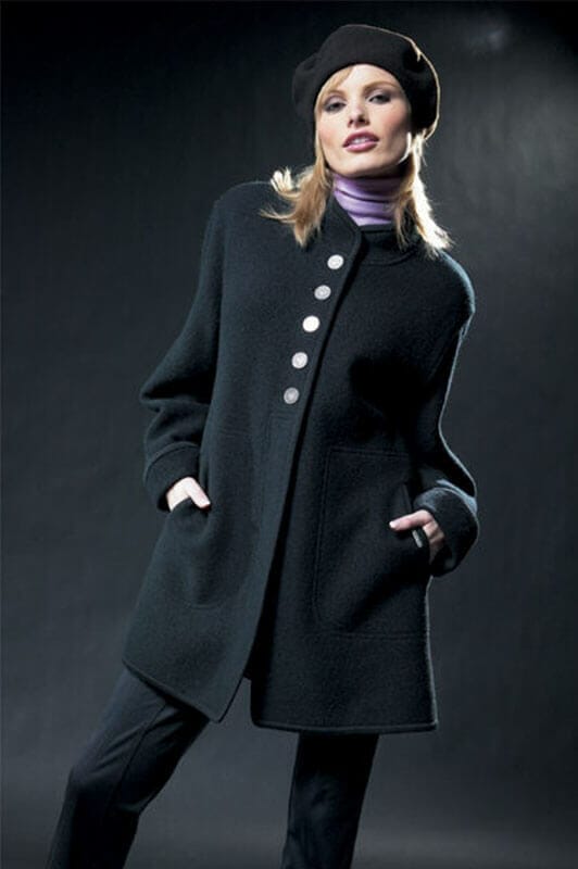 geiger of austria classic 65510 45 black womens boiled wool jacket with model front view